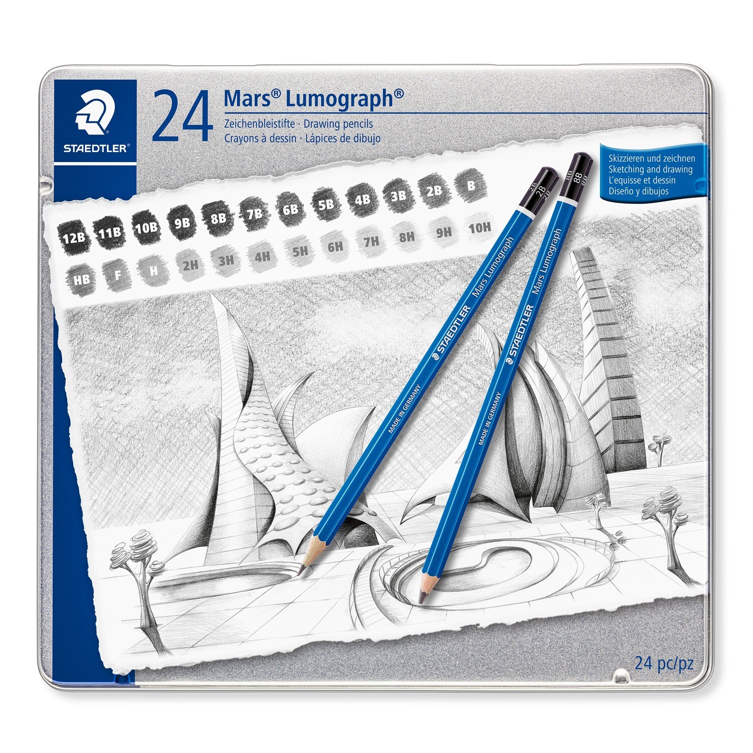 Lapiz Staedtler Mars Lumograph 24 grados, caja metálica