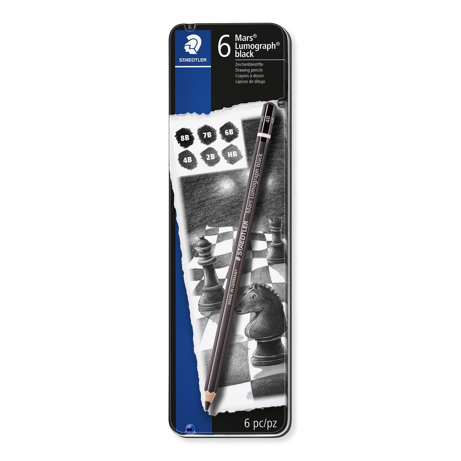 Lapiz Staedtler Mars Lumograph Black, 6 grados, caja metálica