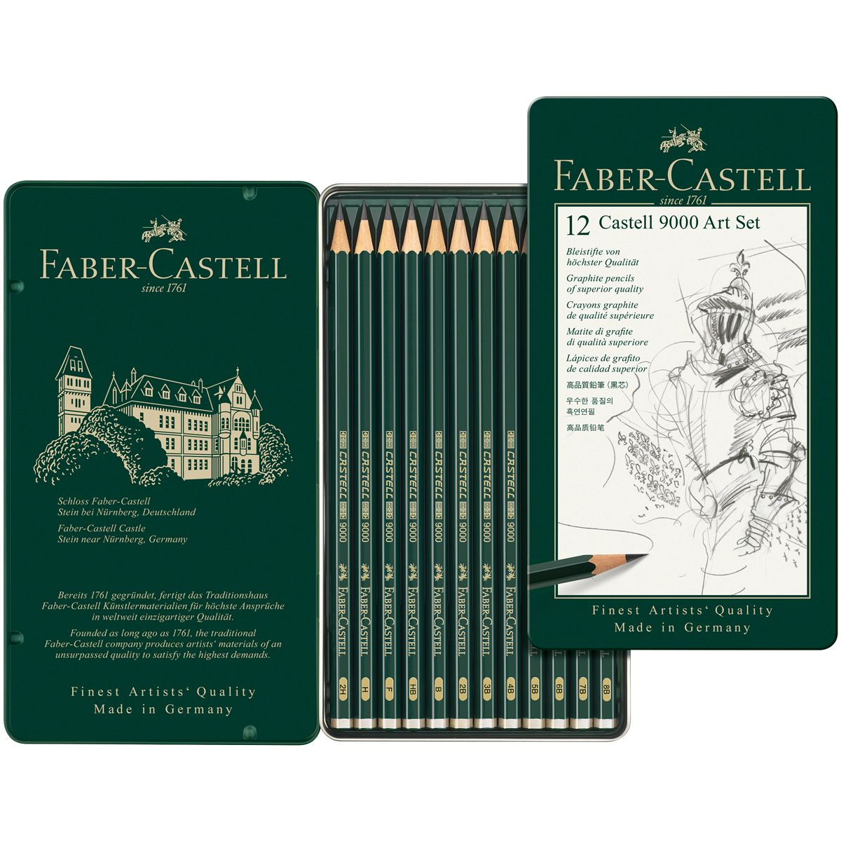 Grafito Faber-Castell 9000, Caja de Metal de 12 grados 2H a 8B