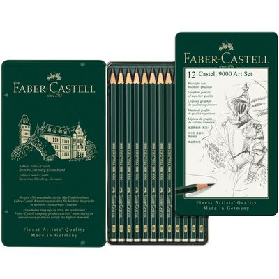 Grafito Faber-Castell 9000, Caja de Metal de 12 grados 2H a 8B
