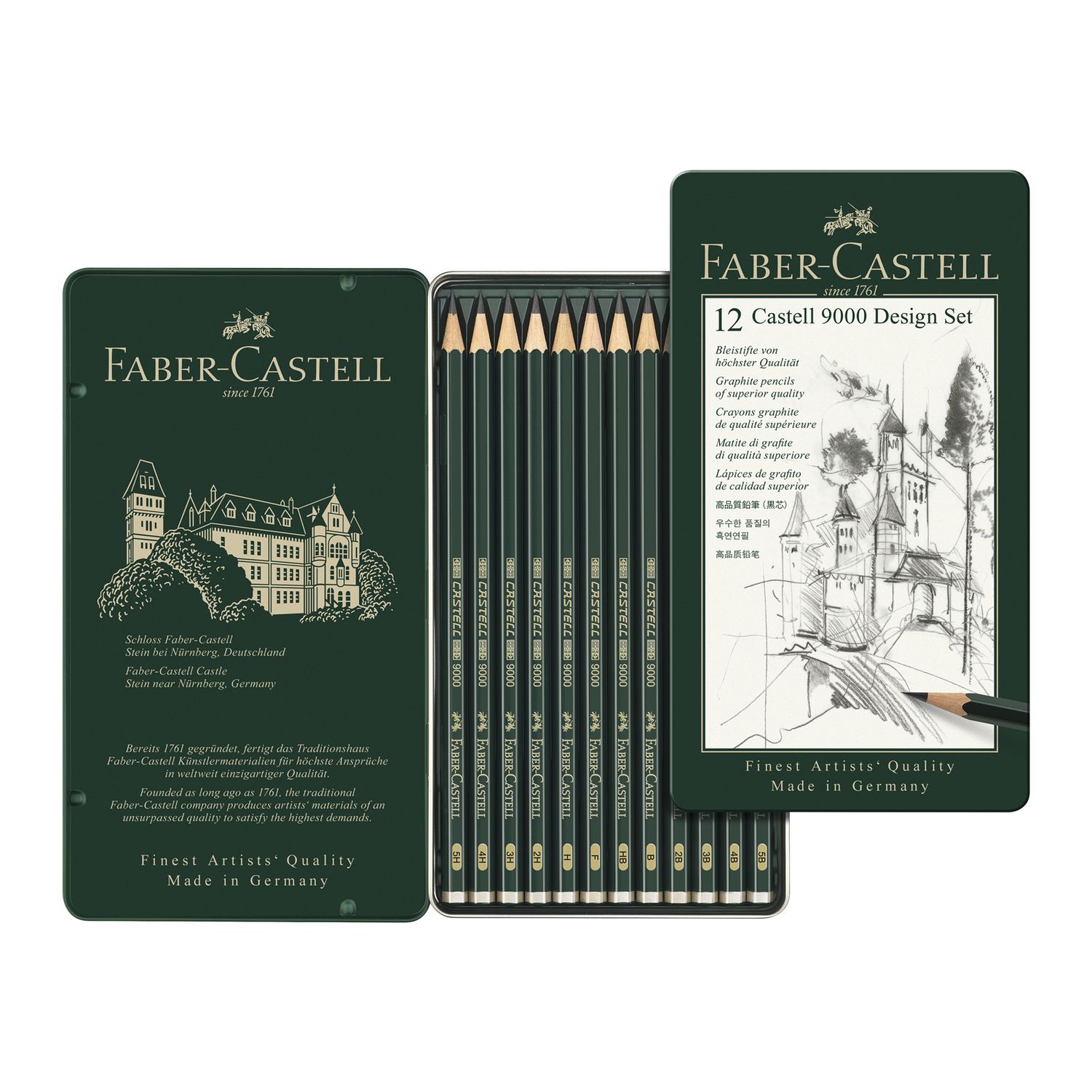 Grafito Faber-Castell 9000, Caja de Metal de 12 grados 5B a 5H