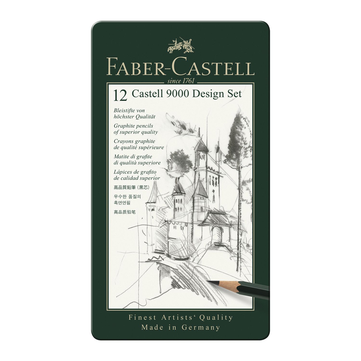 Grafito Faber-Castell 9000, Caja de Metal de 12 grados 5B a 5H
