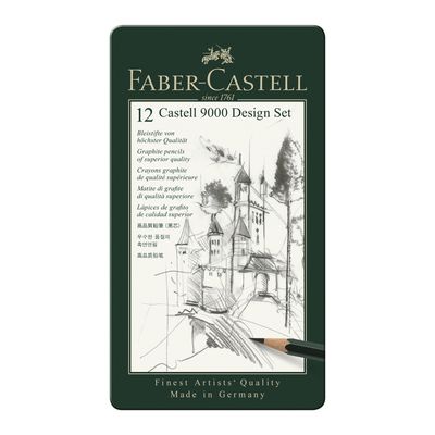 Grafito Faber-Castell 9000, Caja de Metal de 12 grados 5B a 5H