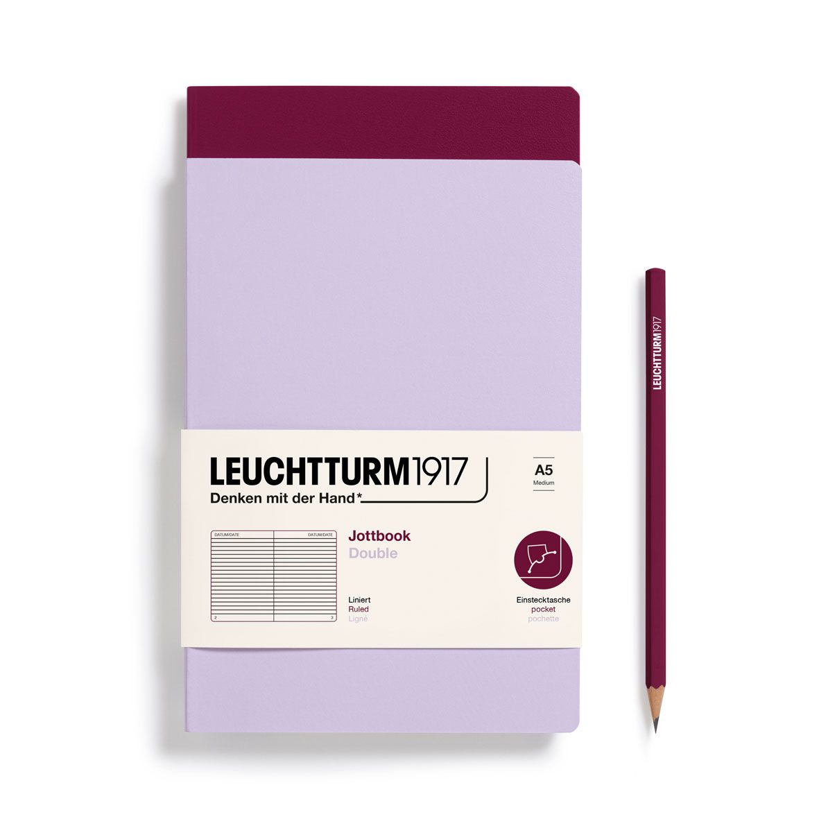 Cuaderno Leuchtturm1917 Jottbook Double A5, Lilac + Port Red, Lineas