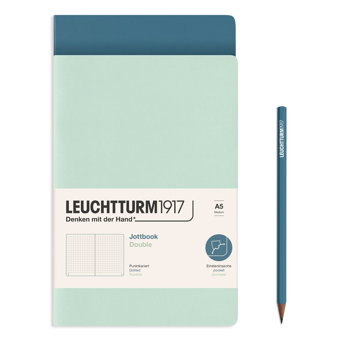Cuaderno Leuchtturm1917 Jottbook Double A5, Mint + Stone Blue, Puntos