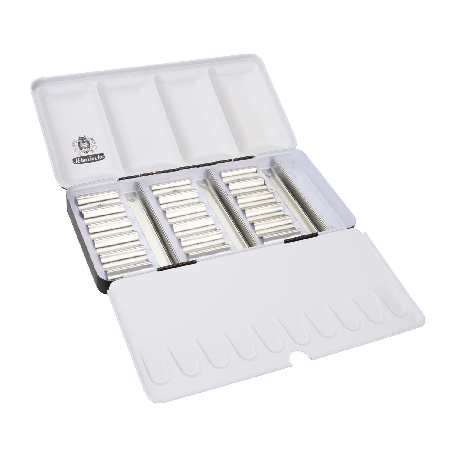 Caja metalica para acuarelas Schmincke, vacía para 18 tubos 5ml