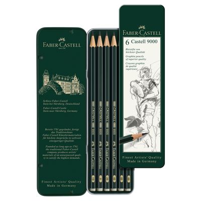 Grafito Faber-Castell 9000, Caja de Metal de 6 grados HB a 8B