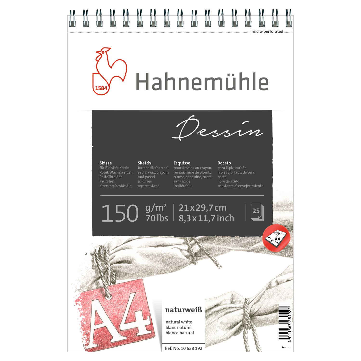 Block Hahnemuhle Dessin Sketch Pad Espiral 150g A4