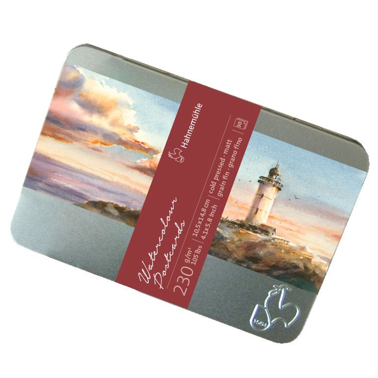 Papel Hahnemühle Postcards Watercolour 10 x 15 Centímetros, Caja de Metal