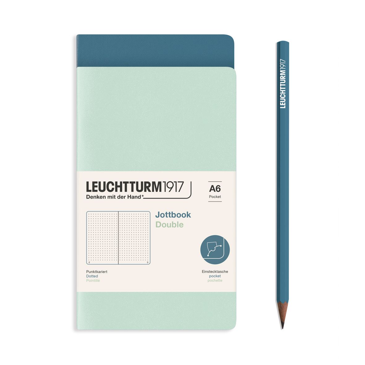 Cuaderno Leuchtturm1917 Jottbook Double A6, Mint + Stone Blue, Puntos