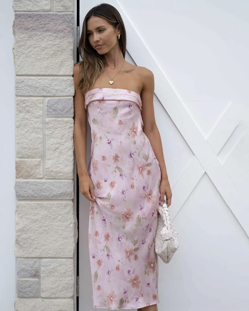FLORAL PRINT SATIN TUBE DRESS