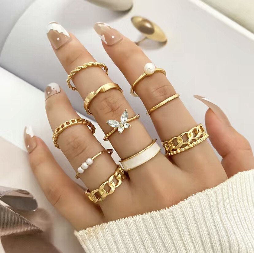 10 Pcs Butterfly Rhinestone Geometric Chain Rings
