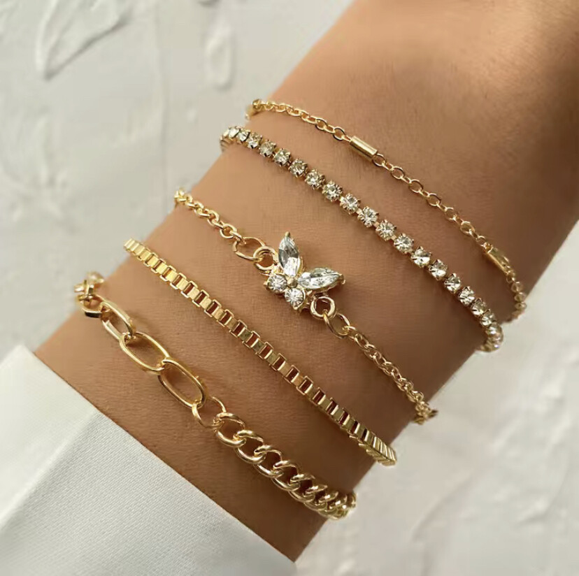 5 pcs Golden Butterfly Rhinestone Chain Bracelet Set