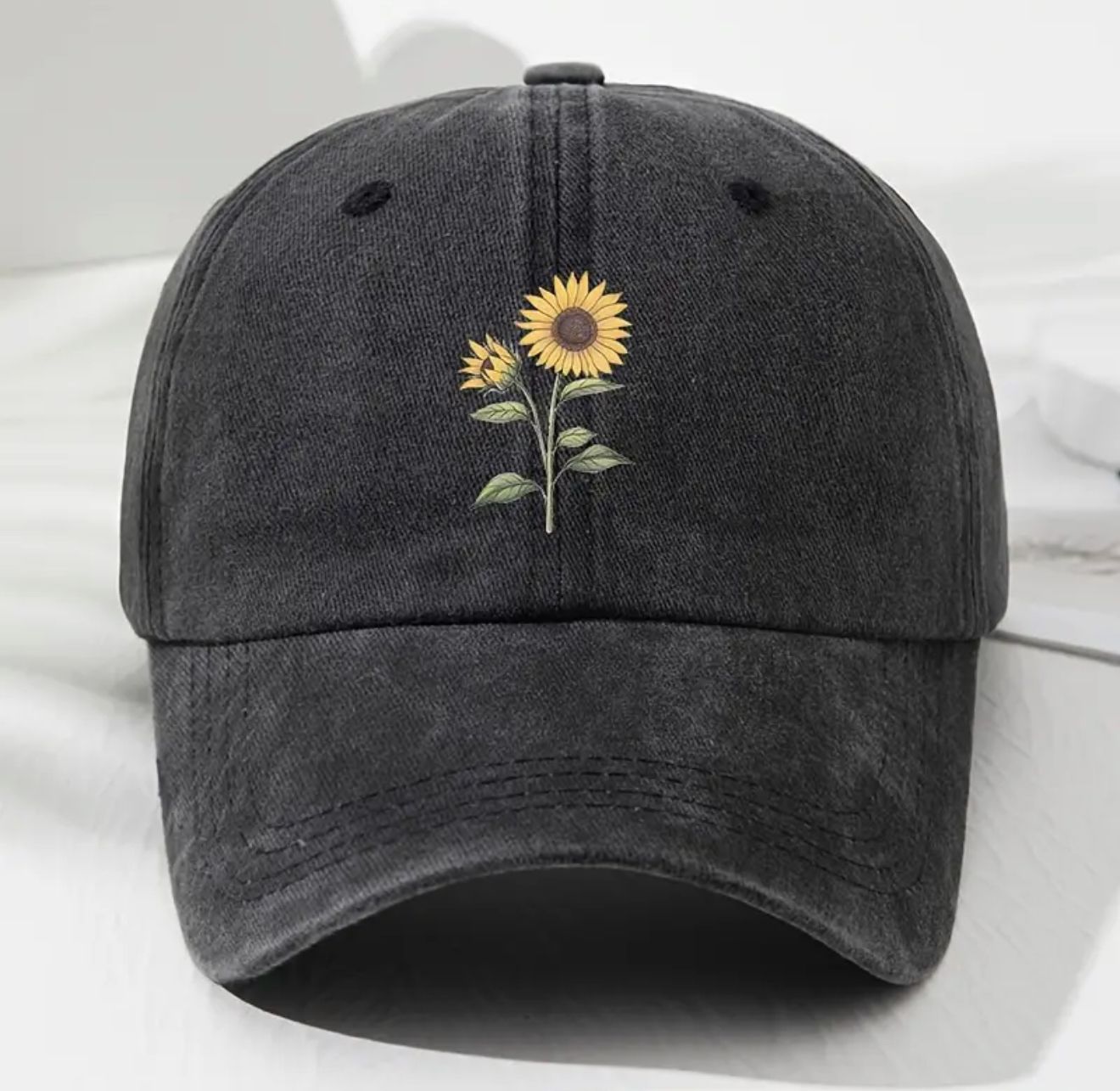 Comfy Sunflower Baseball Cap -A vintage-inspired sunflower baseball hat crafted in lightweight, breathable polyester