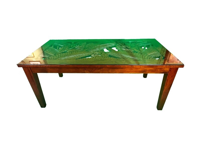 Mango Tropical Leaf Dining Table w/ Glass - Light Koa  Stain