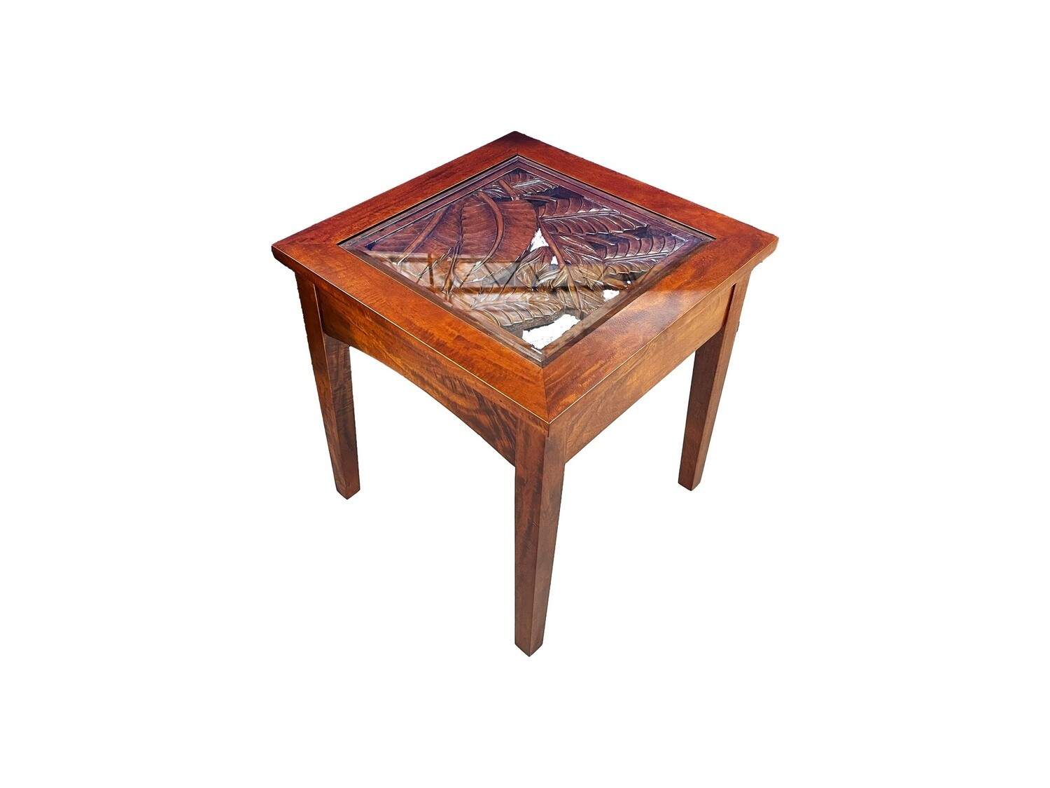 Mango Tropical Leaf End Table w/ Glass (Pair) - Light Koa Stain