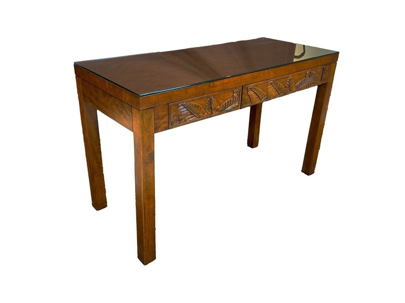 Mango Palm Leaf Desk with Side Carve &amp; Glass Top - Koa stain