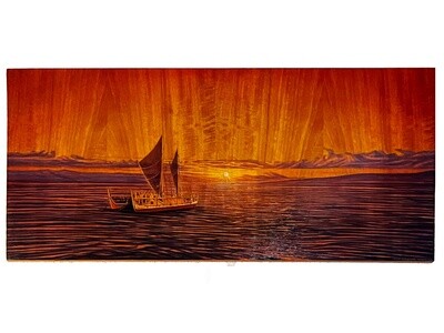 "Hokulea Sunset" - 24" x 48" Original Oil w/ Pyrography on Mango Wood