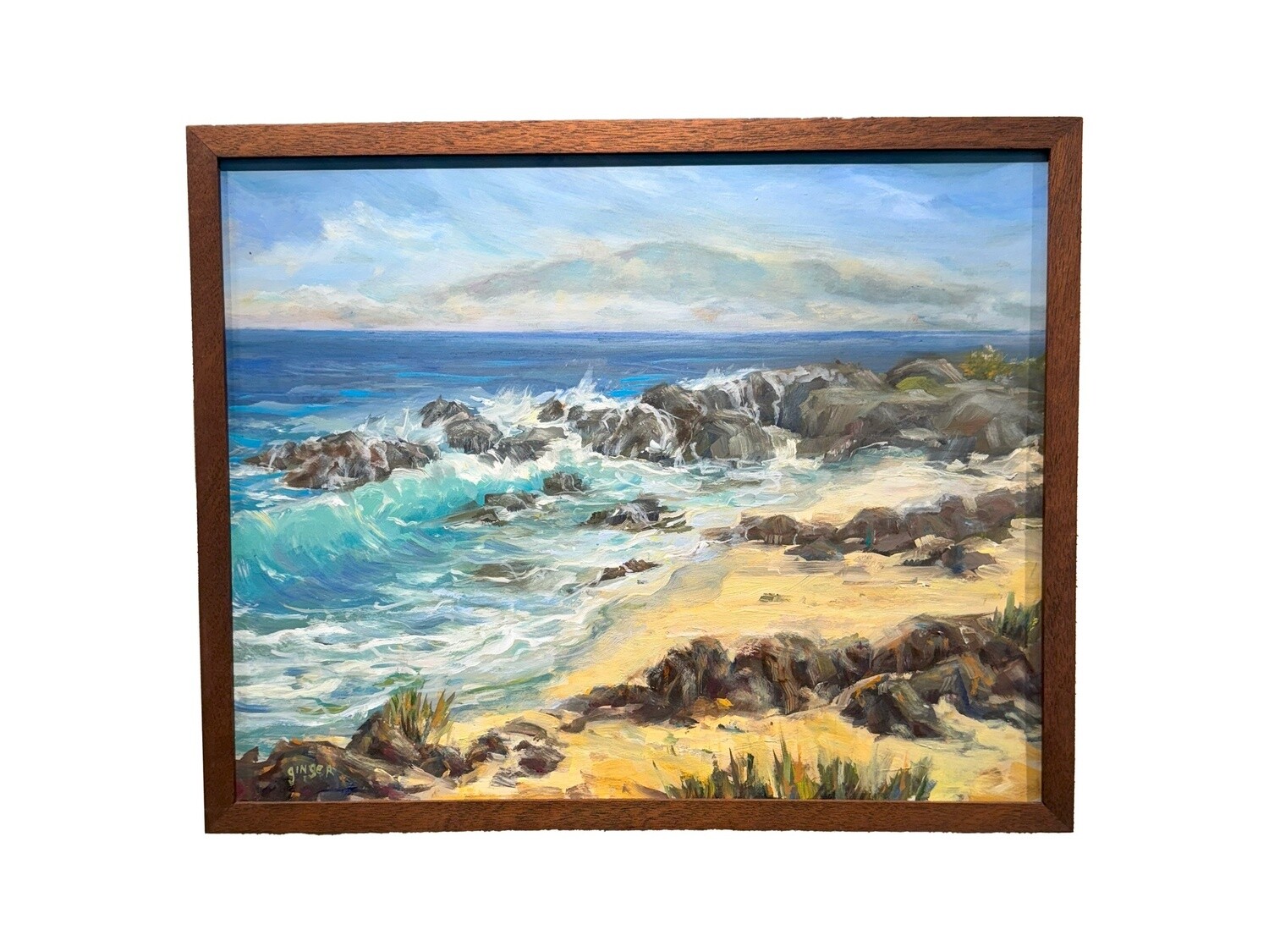 &quot;Kua Bay with Maui&quot; 16&quot; x 20&quot; Original Oil on Canvas with Mahogany frame