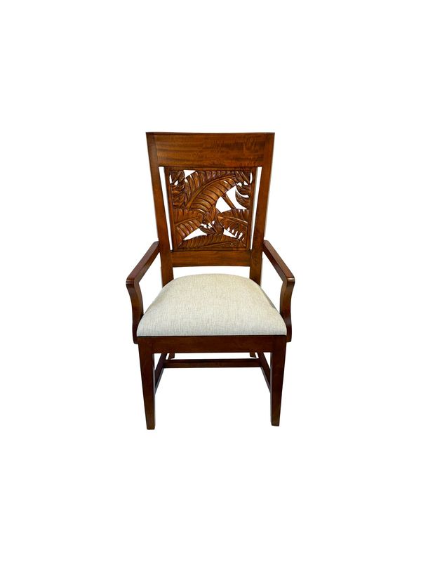 Mango Tropical Leaf Dining Chair w/ Fabric Seat - w/ Arms - Light Koa Stain