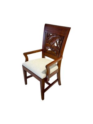 Mango Tropical Leaf Fabric Dining Chair w/ Arms - Light Koa Stain