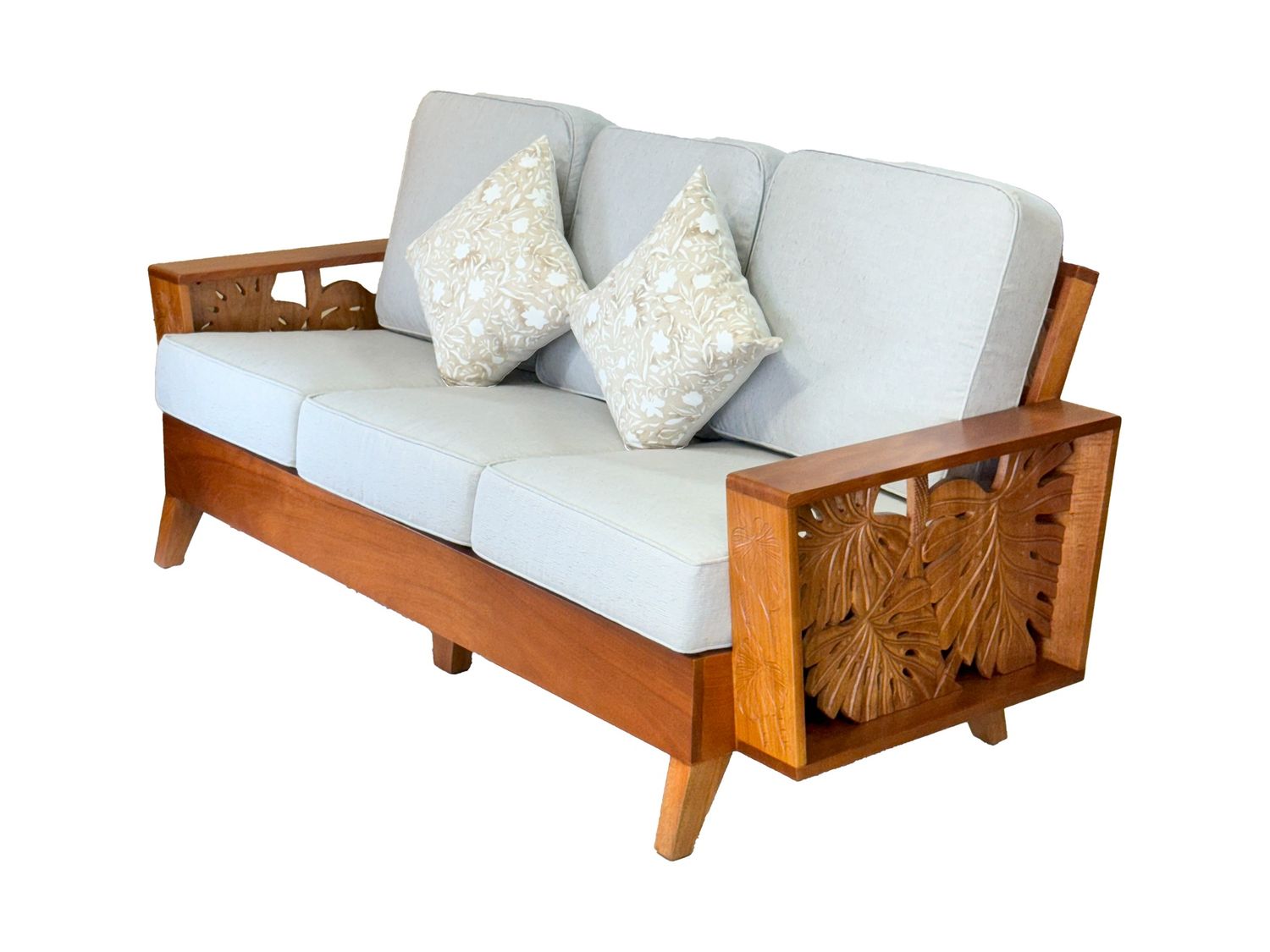 Mahogany Kailua 3-Seat Sofa, Carving: Monstera - Fully Carved