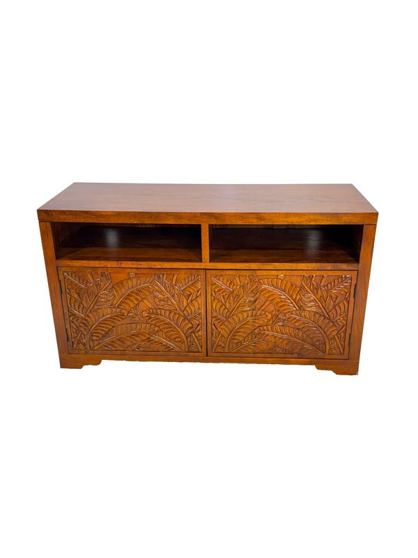 Mango Tropical Leaf Media Stand w/ Carved Doors - Light Koa Stain