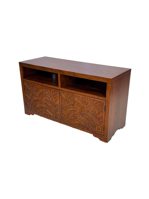 Mango Tropical Leaf Media Stand w/ Carved Doors - Light Koa Stain