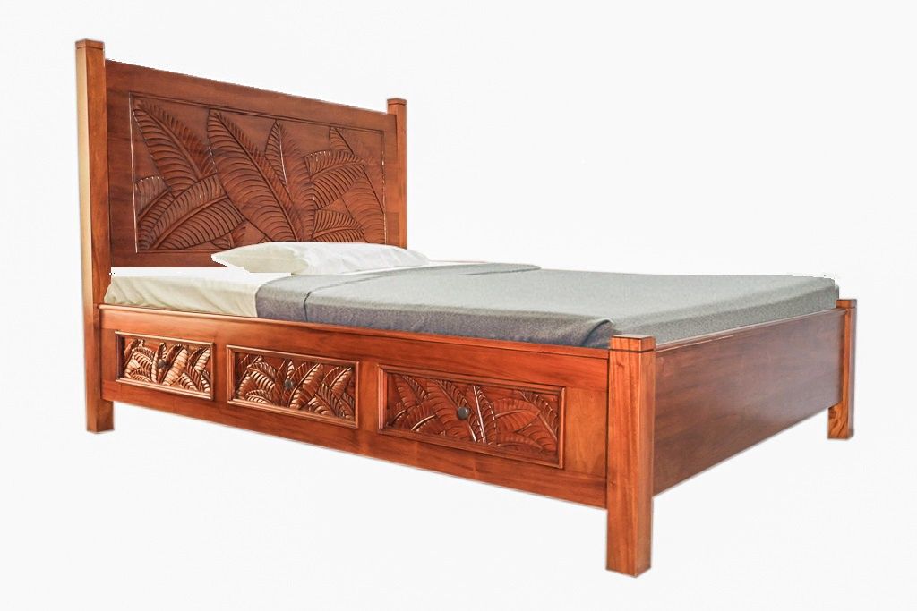 Mango Palm Leaf Storage Bed w/ Carved Drawers-  Koa stain