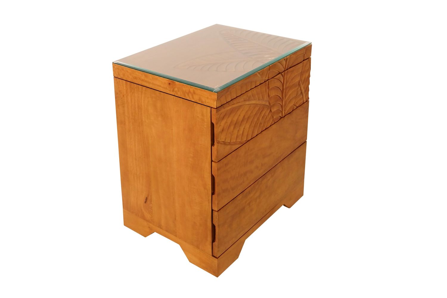 Mango Palm Leaf Nightstand w/ Carved Top &amp; Glass top - Papaya Stain