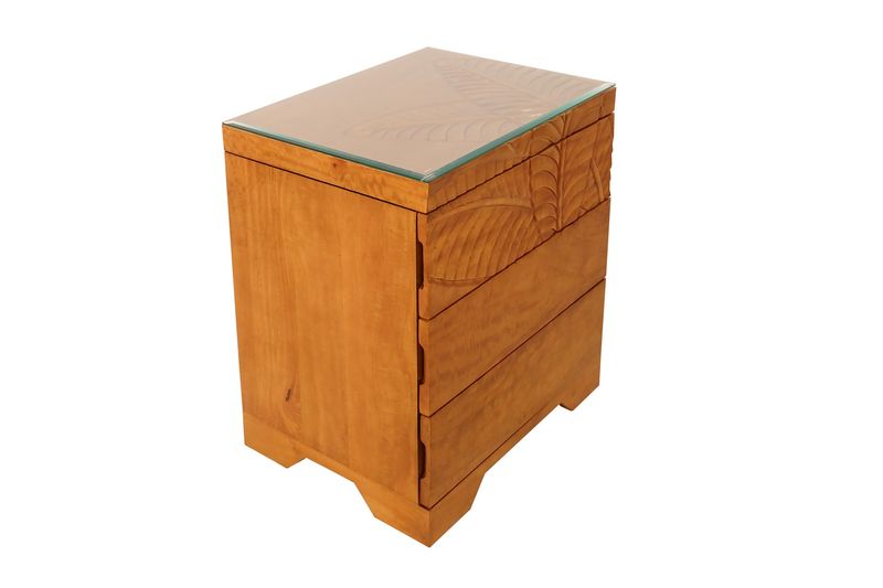 Mango Palm Leaf Nightstand w/ Carved Top &amp; Glass top - Papaya Stain