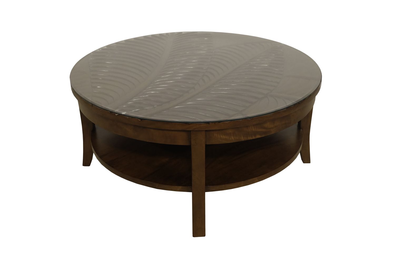 Mango Palm Leaf Round Coffee Table w/Glass - Koa Stain