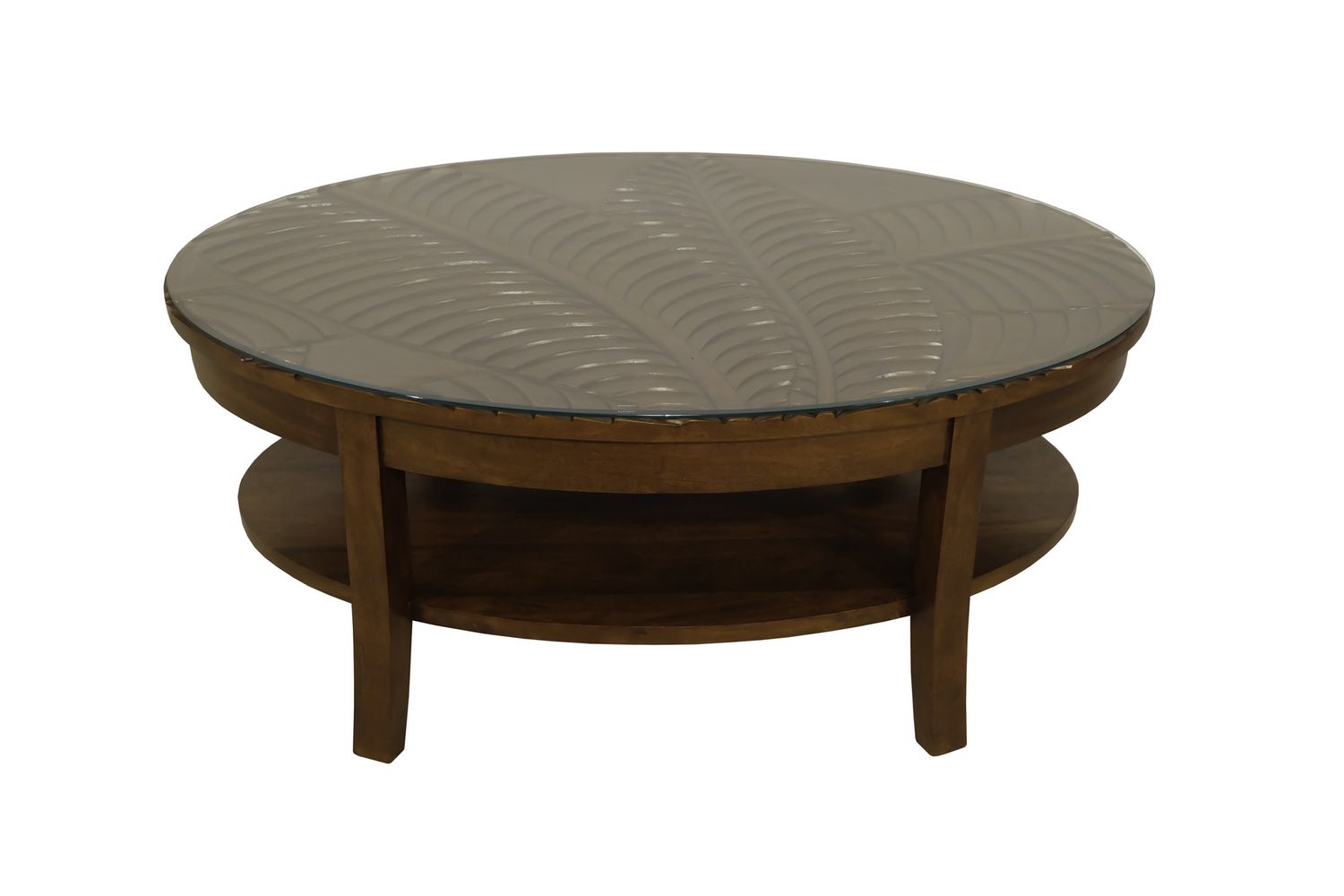 Mango Palm Leaf Oval Coffee Table w/ Glass - Koa Stain