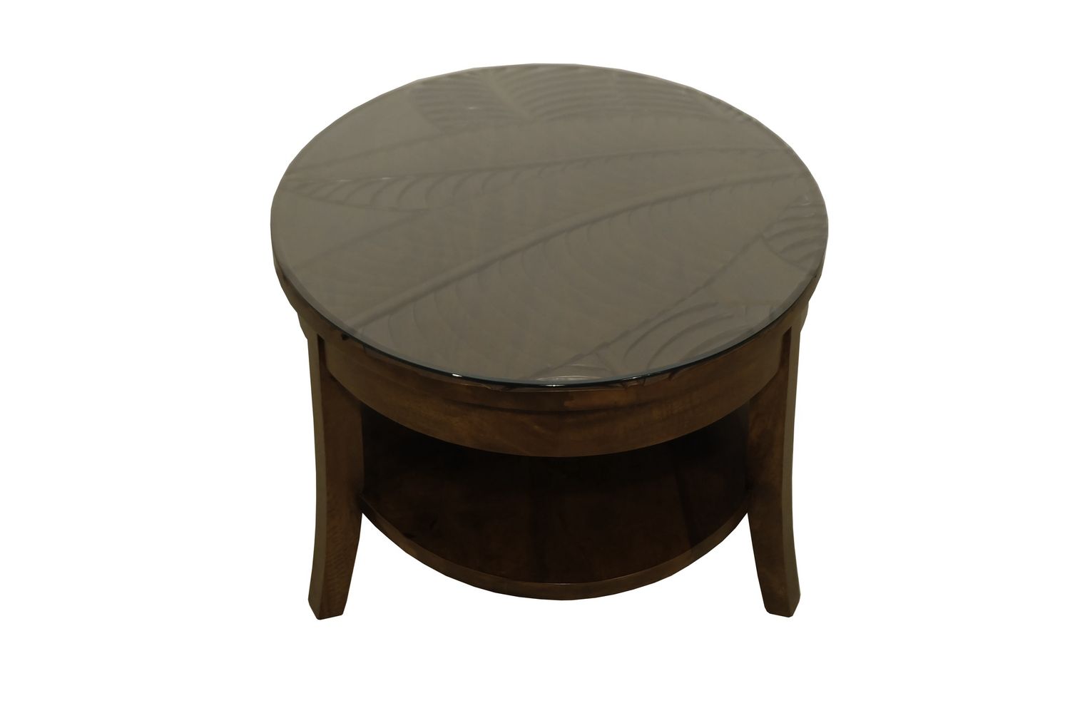 Mango Palm Leaf Round Lamp Table w/Glass - Koa stain