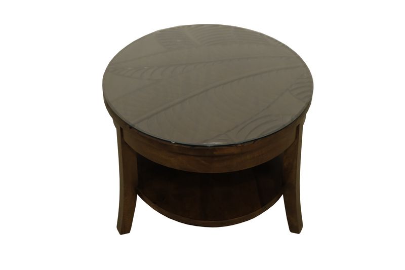 Mango Palm Leaf Round Lamp Table w/Glass - Koa stain