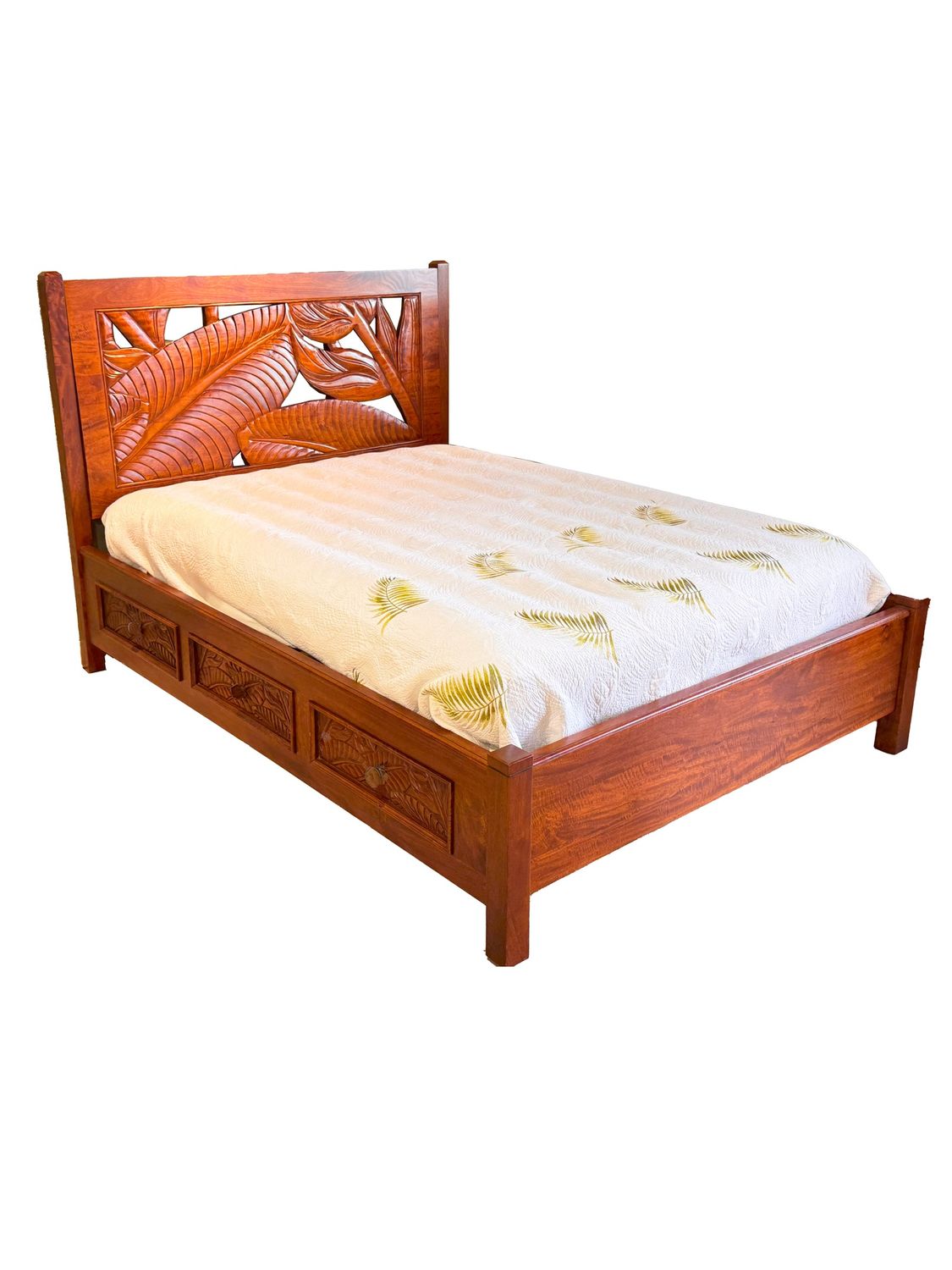 Mango Tropical Leaf Storage Bed w/ Carved Drawers - Light Koa Stain