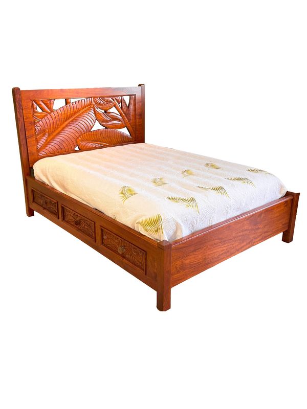 Mango Tropical Leaf Storage Bed w/ Carved Drawers - Light Koa Stain