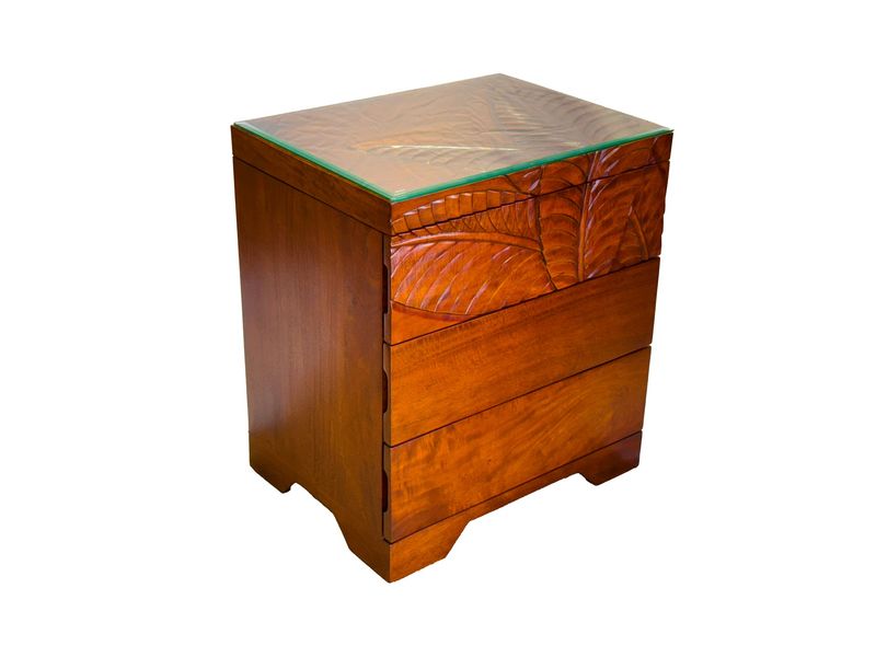 Mango Palm Leaf Nightstand w/ Carved Top &amp; Glass top - Koa Stain