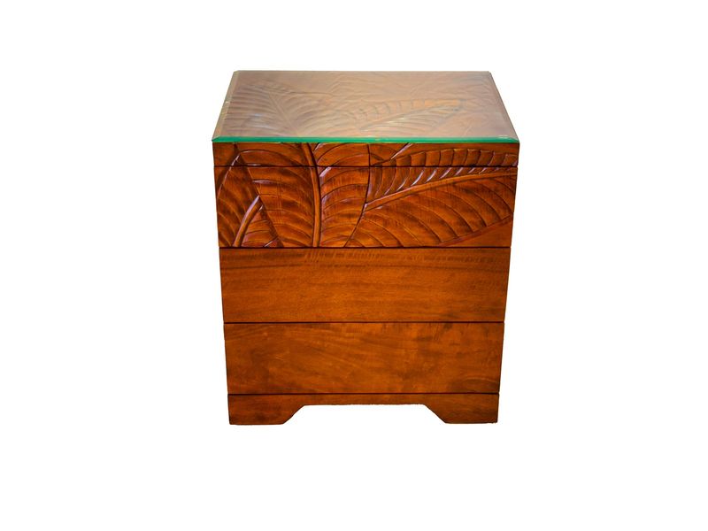 Mango Palm Leaf Nightstand w/ Carved Top &amp; Glass top - Koa Stain