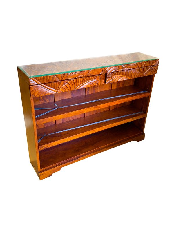Mango Tropical Leaf Bookcase w/ 2 Drawers &amp; Glass top - Light Koa Stain