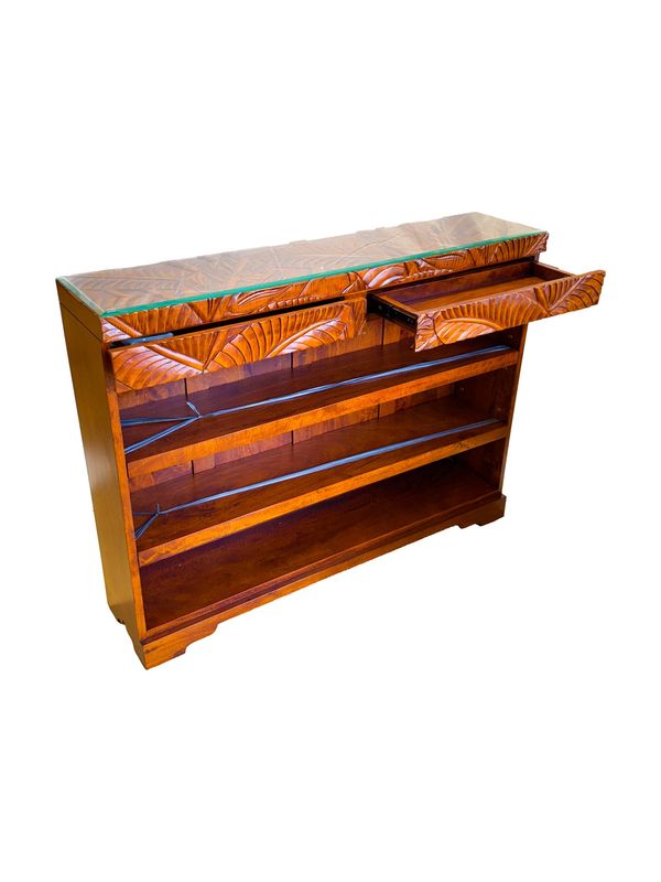 Mango Tropical Leaf Bookcase w/ 2 Drawers &amp; Glass top - Light Koa Stain