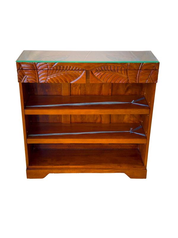 Mango Palm Leaf Bookcase w/2 drawers &amp; Glass top - Koa Stain