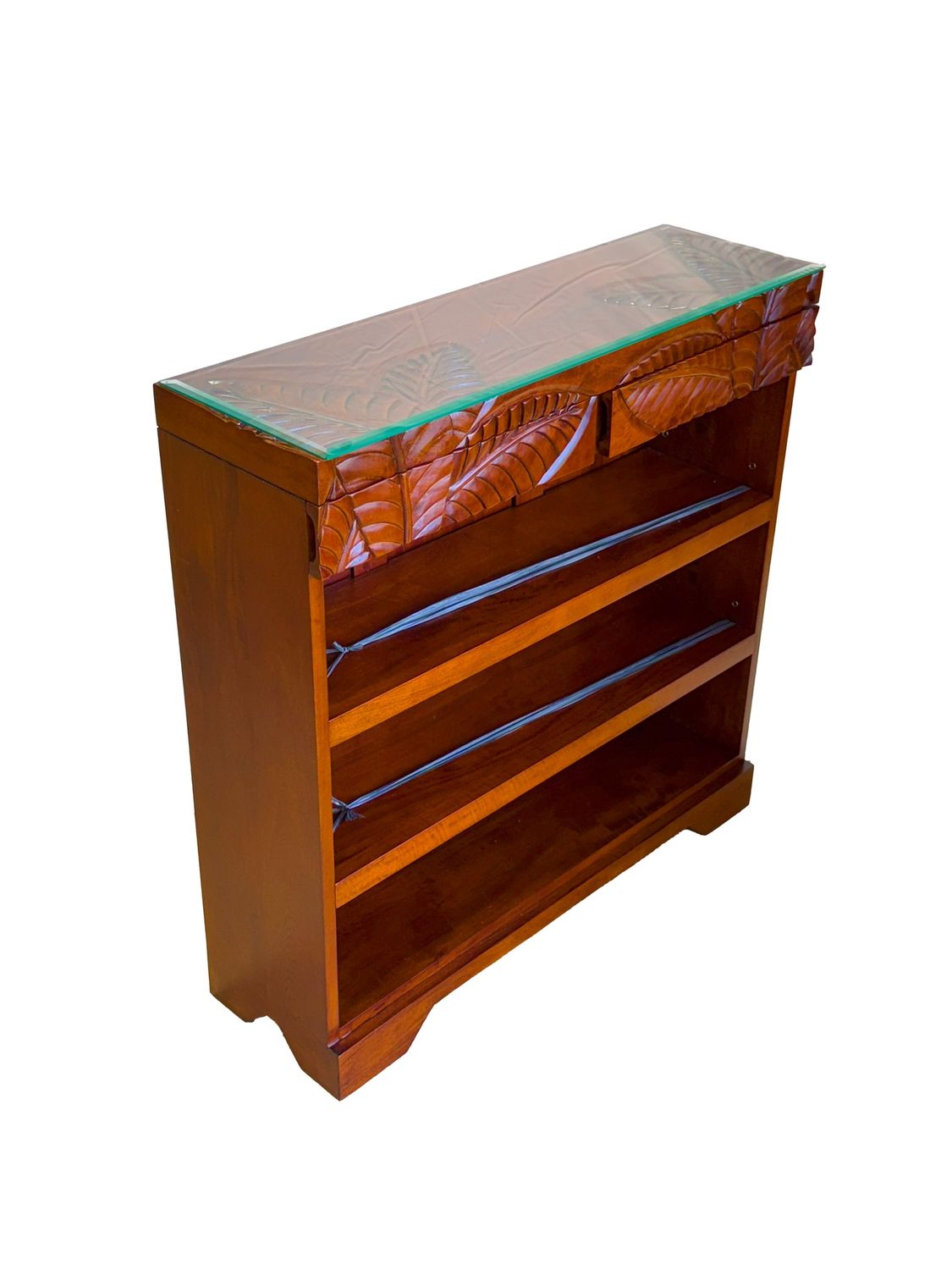 Mango Palm Leaf Bookcase w/2 drawers &amp; Glass top - Koa Stain