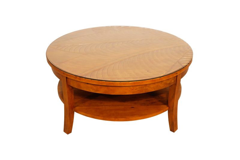 Mango Palm Leaf Round Coffee Table w/Glass - Papaya Stain