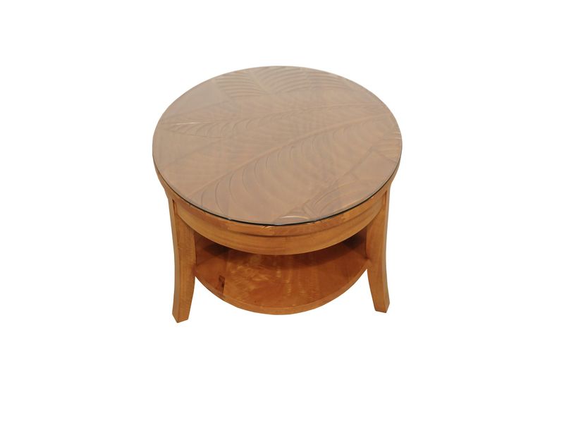 Mango Palm Leaf Round Lamp Table w/Glass - Papaya Stain
