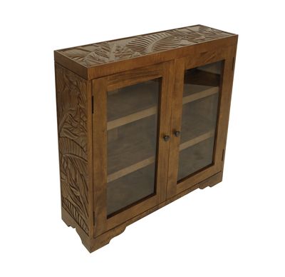Mango Tropical Leaf Bookcase w/ 2 Doors &amp; Glass top - Light Koa Stain  (dup)