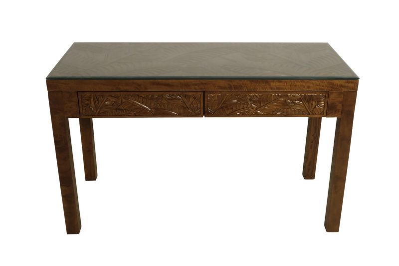 Mango Tropical Leaf Desk w/ Carved Top - Light Koa Stain