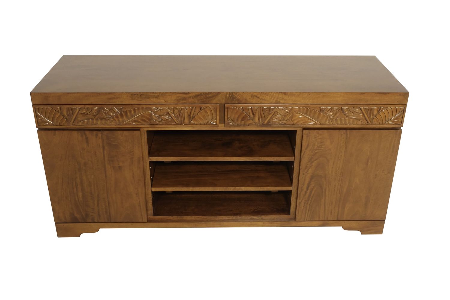 Mango Tropical Leaf Media Stand - Light Koa Stain, Size: 60&quot; x 20&quot; x 28&quot;
