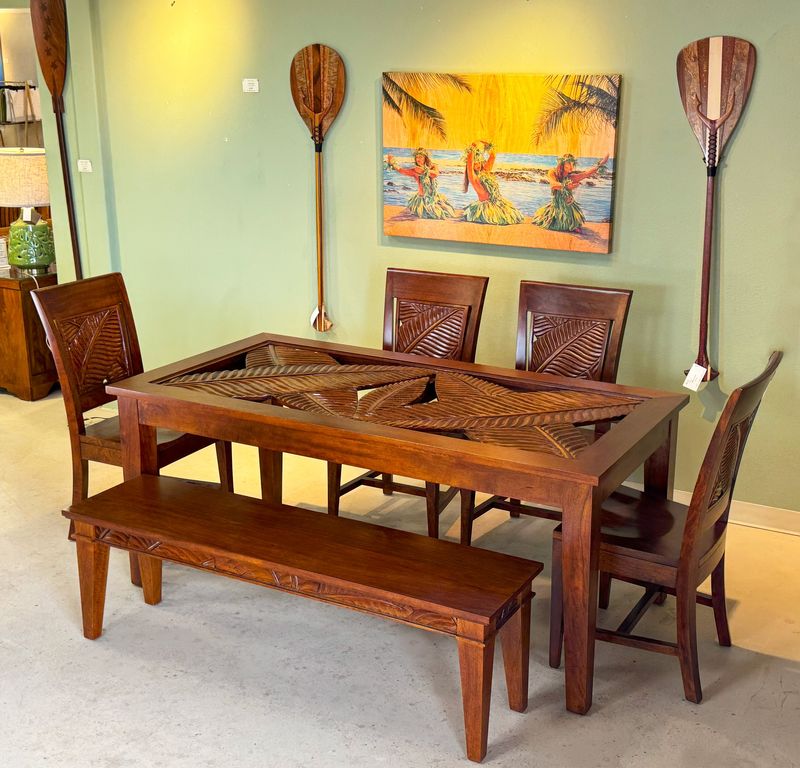 Mango Botanical Dining Table w/ Top Carving- Koa Stain