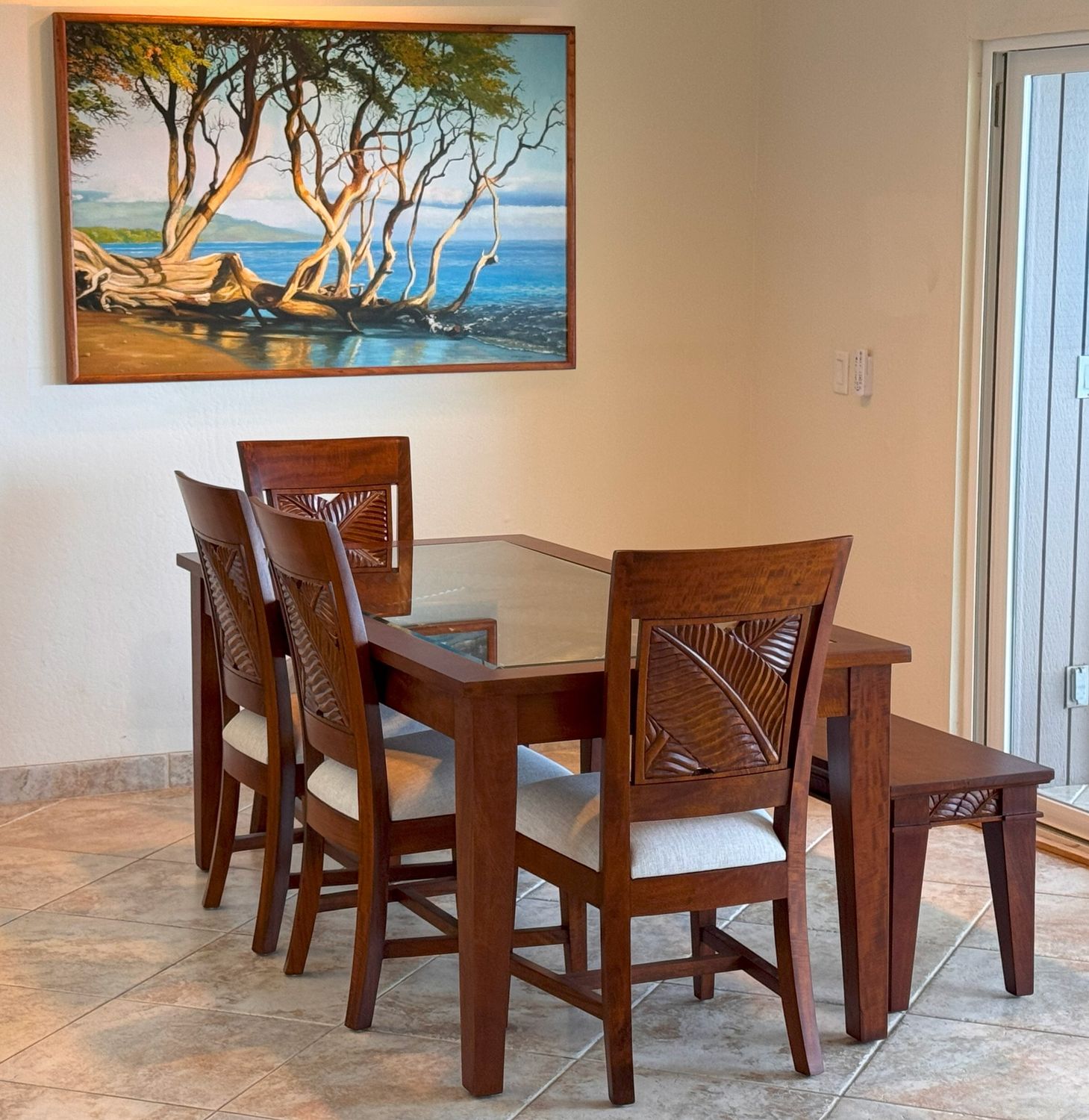 Mango Botanical Dining Table w/ Top Carving- Koa Stain